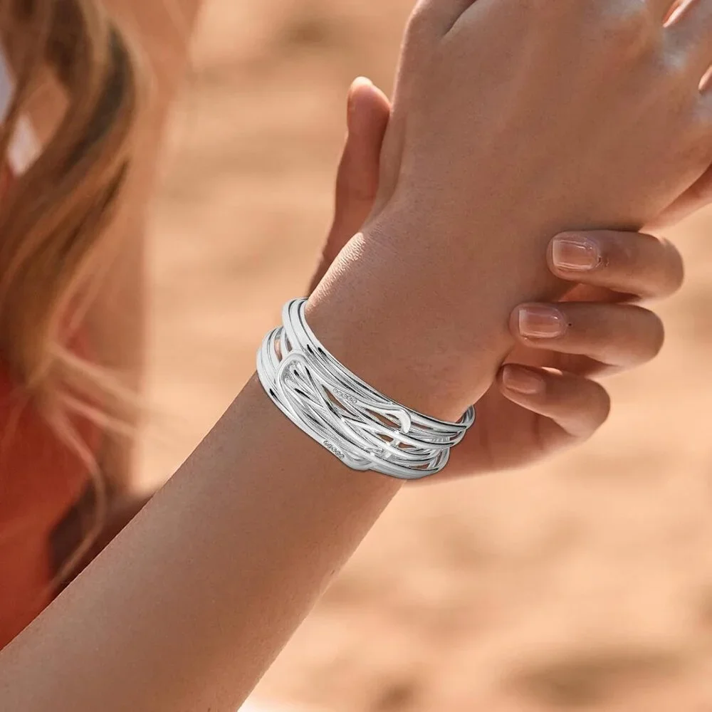 Women's Silver Leather Wrap Multi Layer Pearl Crystal Magnetic Clasp Bracelet - Picture 5 of 6